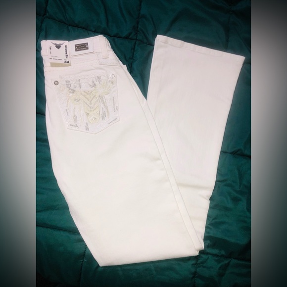 Western Blue Denim White Bootcut Jeans Size 7 33 W/Bull Tag And Horseshoe Charm - Picture 2 of 11